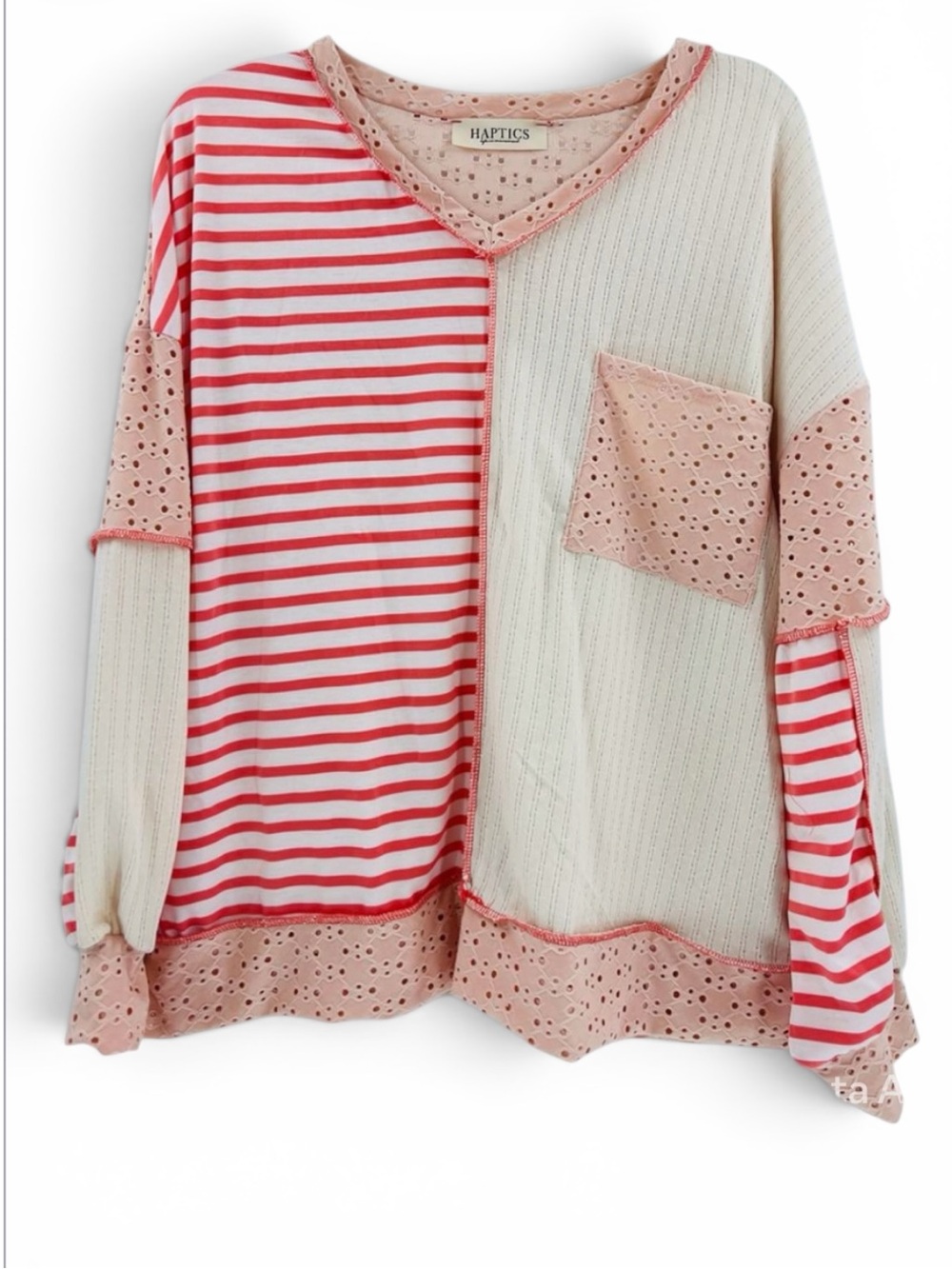 HAPTICS Boho Colorblock Eyelet Stripe Top Peach Cream M New in Bag